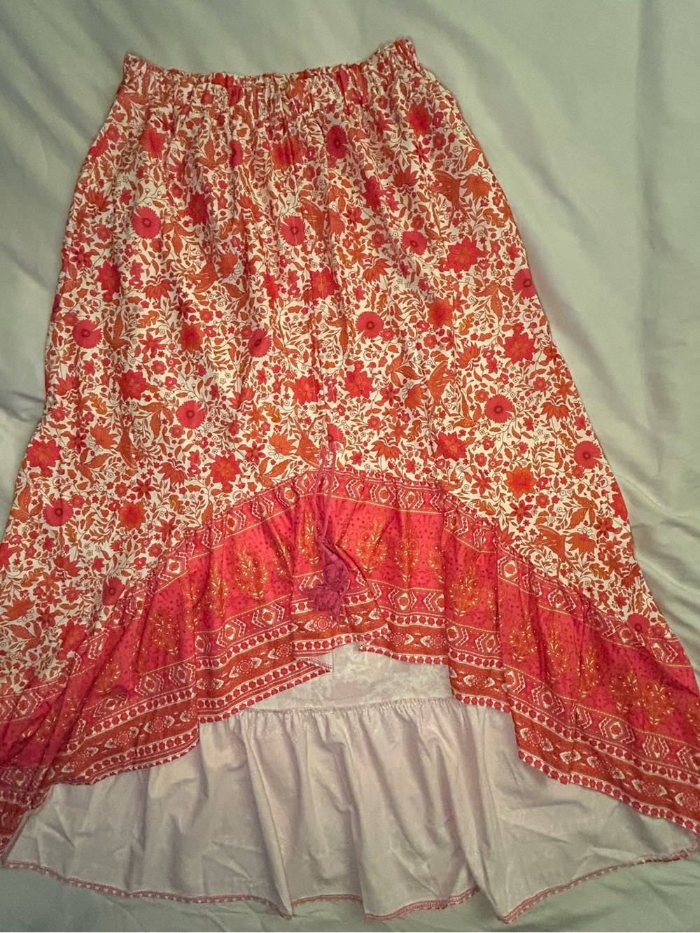 Boho High-Low Floral Maxi Skirt in Coral and White